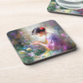 彼女の手の中の花を称賛する女の子 コースター (左側)