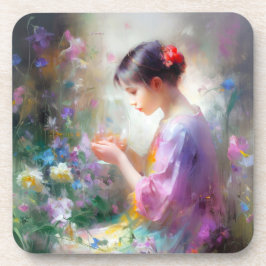 彼女の手の中の花を称賛する女の子 コースター