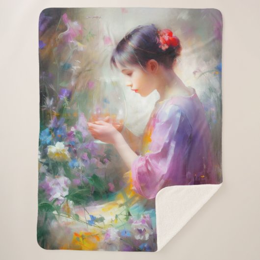 彼女の手の中の花を称賛する女の子 シェルパブランケット (正面)