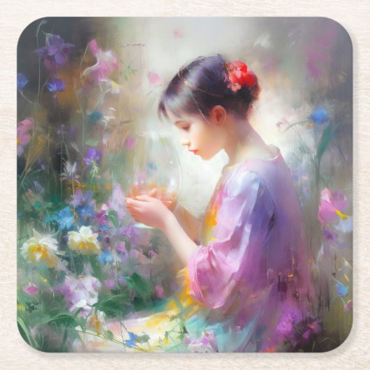 彼女の手の中の花を称賛する女の子 スクエアペーパーコースター (正面)