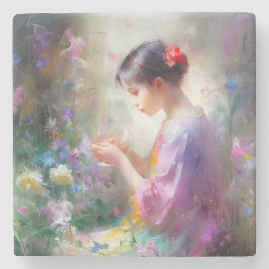 彼女の手の中の花を称賛する女の子 ストーンコースター (正面)