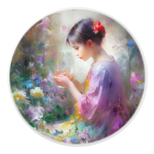 彼女の手の中の花を称賛する女の子 セラミックノブ (正面)