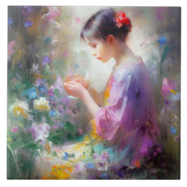 彼女の手の中の花を称賛する女の子 タイル