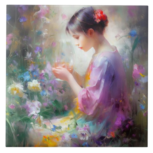 彼女の手の中の花を称賛する女の子 タイル (正面)