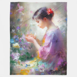 彼女の手の中の花を称賛する女の子 フリースブランケット
