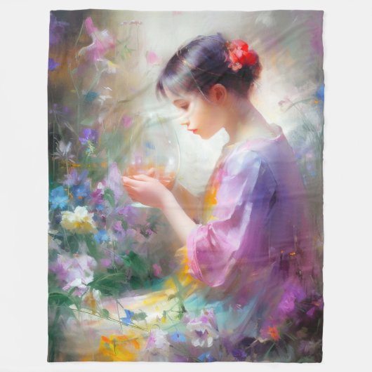 彼女の手の中の花を称賛する女の子 フリースブランケット (正面)