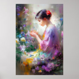 彼女の手の中の花を称賛する女の子 ポスター