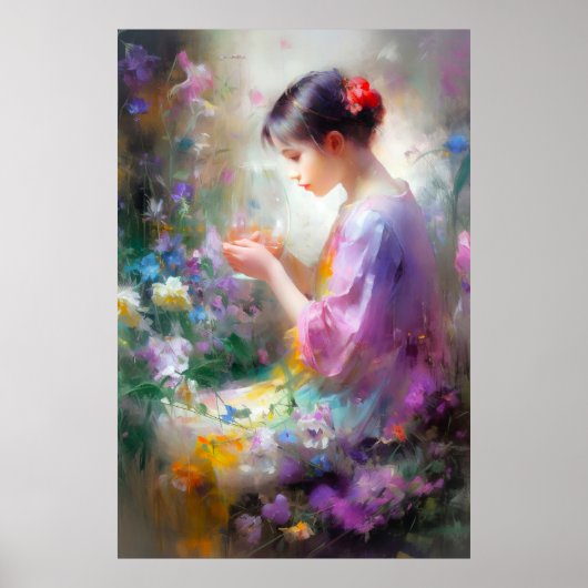 彼女の手の中の花を称賛する女の子 ポスター (正面)