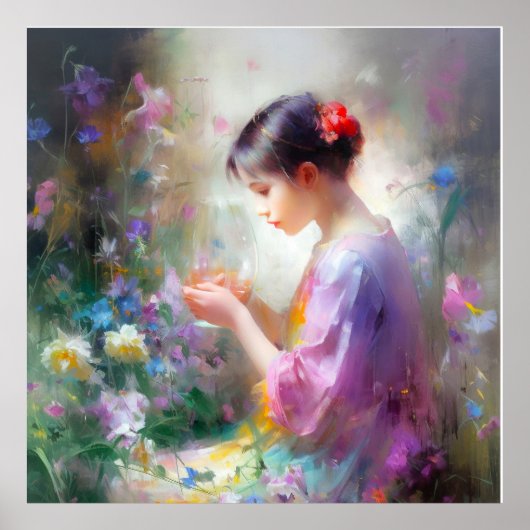 彼女の手の中の花を称賛する女の子 ポスター (正面)