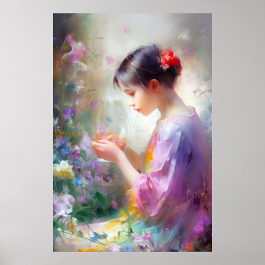 彼女の手の中の花を称賛する女の子 ポスター (正面)