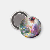 彼女の手の中の花を称賛する女の子 マグネット (正面/裏面)