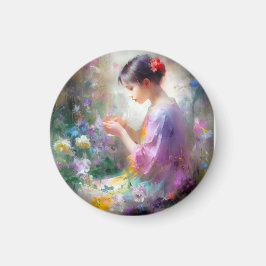 彼女の手の中の花を称賛する女の子 マグネット