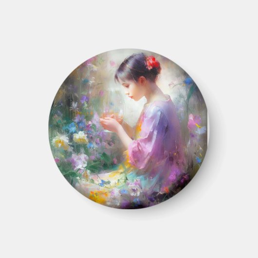 彼女の手の中の花を称賛する女の子 マグネット (正面)