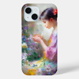 彼女の手の中の花を称賛する女の子 iPhone 15ケース