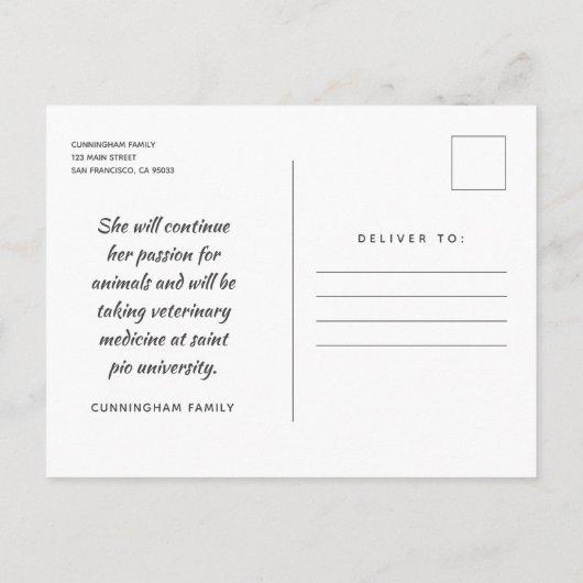 彼女の次の冒険が写真モダン卒業を待つ 案内ポストカード (裏面)