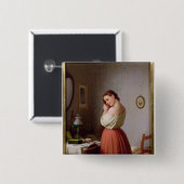 彼女の毛を編んでいる若い女性 缶バッジ (正面&裏面)