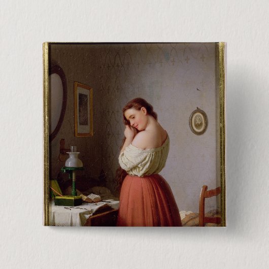 彼女の毛を編んでいる若い女性 缶バッジ (正面)