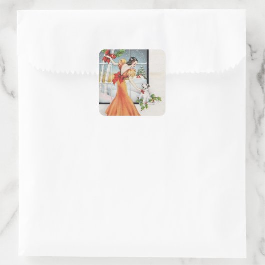 彼女の犬と窓のそばのヴィンテージクリスマスガール スクエアシール (バッグ)