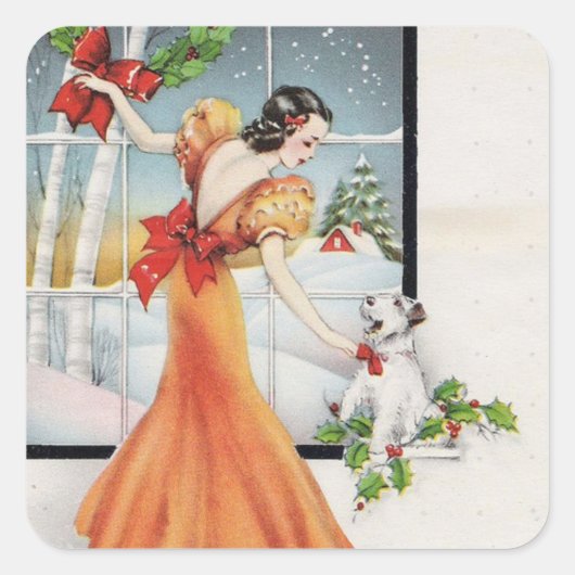 彼女の犬と窓のそばのヴィンテージクリスマスガール スクエアシール (正面)
