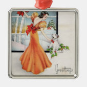 彼女の犬と窓のそばのヴィンテージクリスマスガール メタルオーナメント (正面)