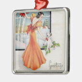 彼女の犬と窓のそばのヴィンテージクリスマスガール メタルオーナメント (左)