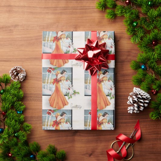 彼女の犬と窓のそばのヴィンテージクリスマスガール ラッピングペーパー (クリスマスギフト)