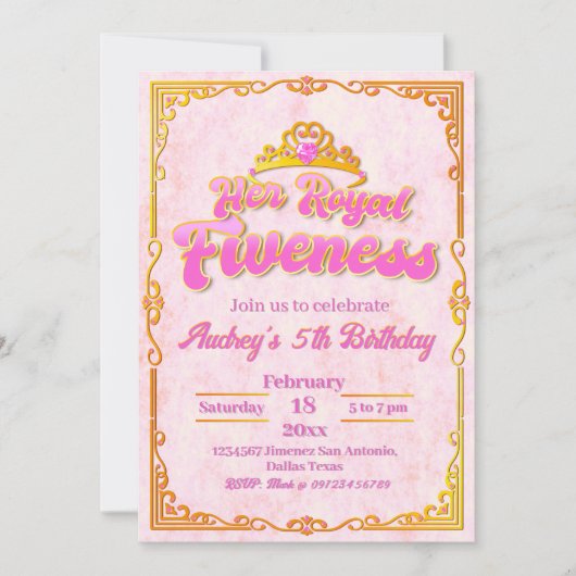 彼女の王室のフィヴェンス – ガールファイブ誕生日招待状 招待状 (正面)