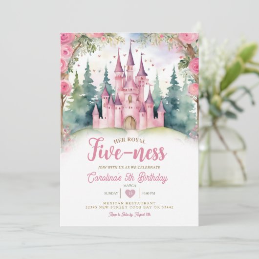 彼女の王室の五感ピンクの城の森誕生日 招待状 (スタンド正面)