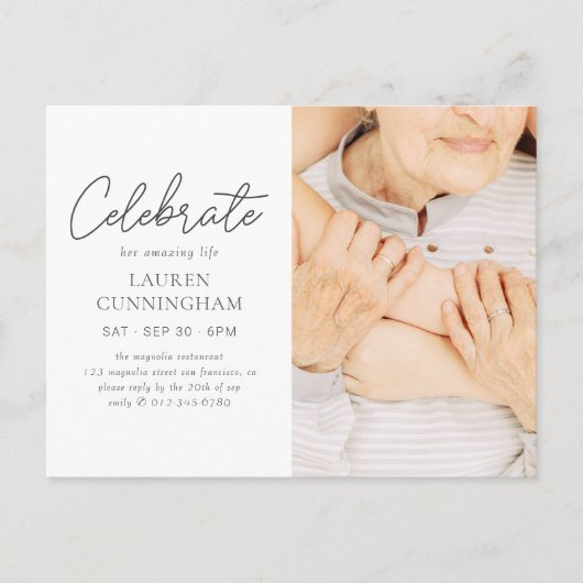 彼女の素晴らしい人生を祝おう シンプル モダン フォト ポストカード (正面)