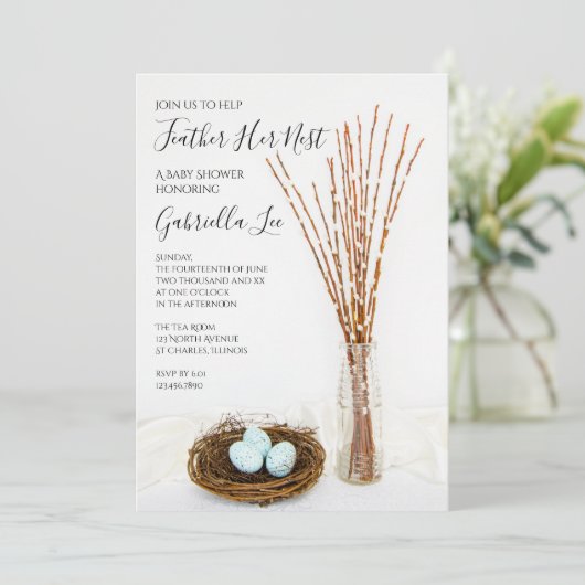 彼女の素朴巣の青い卵の赤ちゃんシャワーを羽化 招待状 (スタンド正面)