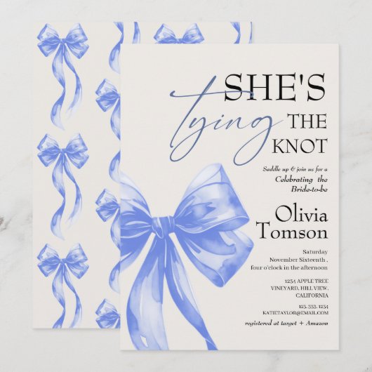 彼女の結婚式の前夜のパーティー Bow She's Tying the Knot Bridal Sh 招待状 (正面/裏面)