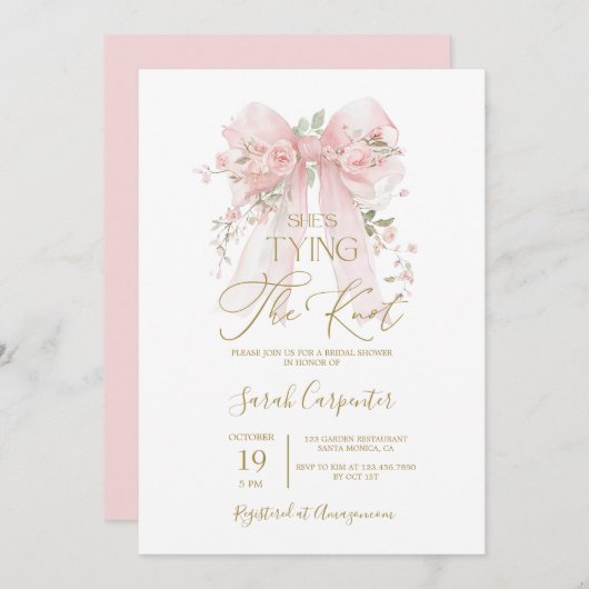 彼女の結婚式の招待状 - リボン ブライダル シャワーのお知らせ 招待状 (正面/裏面)
