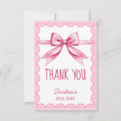 彼女の結婚式の準備 ピンクの蝶結び ブライダルシャワー サンキューカード (正面)