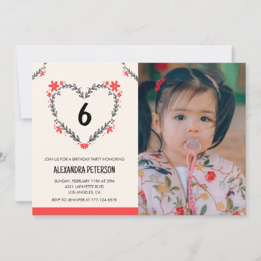 彼女の花のハートの6歳の誕生日招待状 招待状 (正面)