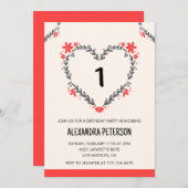 彼女の花ハートの1歳の誕生日招待状 招待状 (正面/裏面)