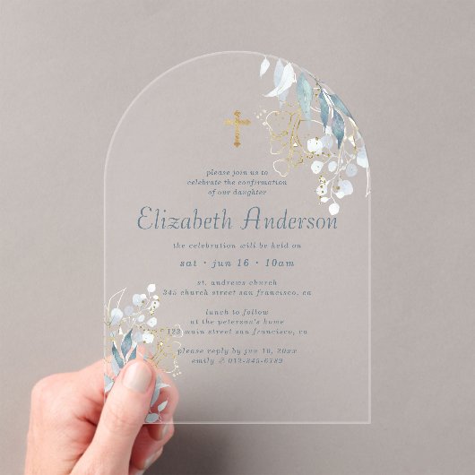 彼女の葉のモダン金ゴールド交差の確認 アクリル招待状 (インサイチュ (ポータブル))