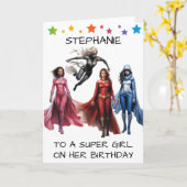 彼女の誕生日すごいスーパーヒーローの女の子へ カード (黄色い花)