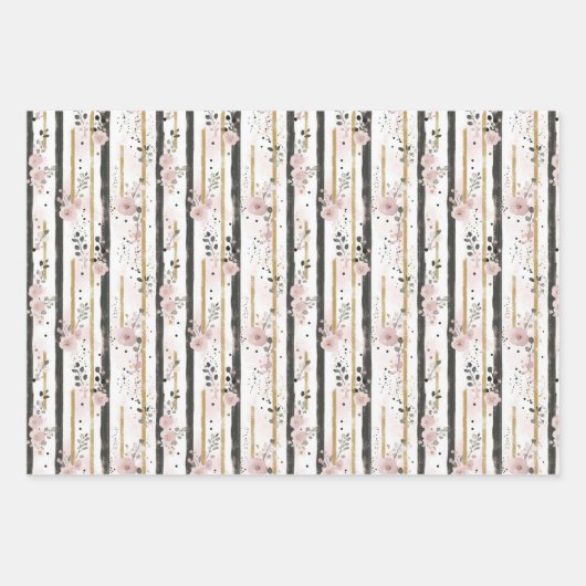 彼女の誕生日のフラッシュピンクゴールドブラック花柄ストライプ ラッピングペーパーシート (正面)