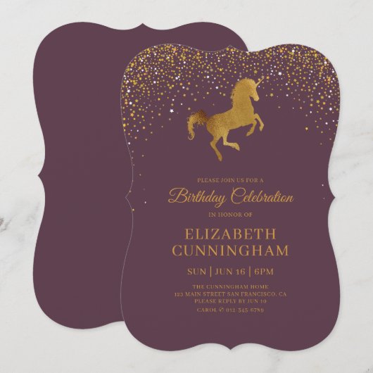 彼女の誕生日用 偽のゴールド グリッター ユニコーン 招待状 (正面/裏面)