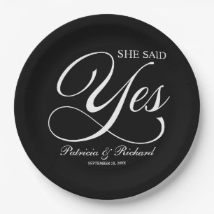 彼女の返事はイエス 結婚式準備パーティー ブラック カリグラフィー ペーパープレート