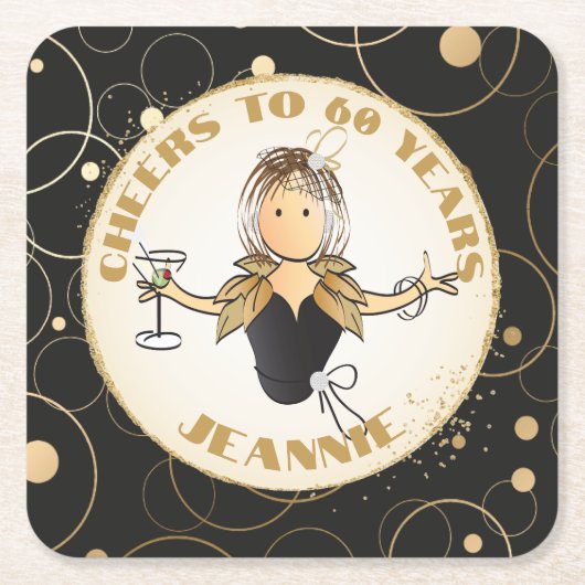 彼女の金ゴールドブラック応援60素晴らしい誕生日 スクエアペーパーコースター (正面)