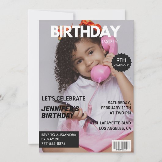 彼女の雑誌の表紙のための9歳の誕生日招待状 招待状 (正面)