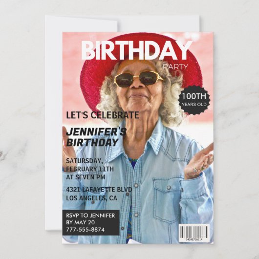 彼女の雑誌表紙のための100歳の誕生日招待状 招待状 (正面)