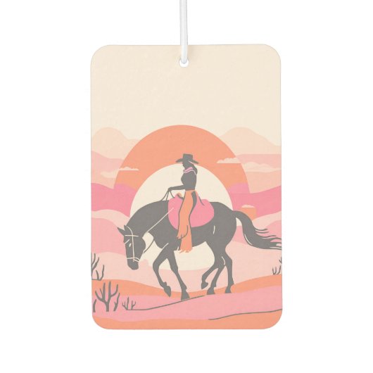 彼女の馬に乗る女性のカーボーイと砂漠の空 カーエアーフレッシュナー (正面)