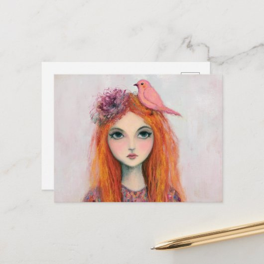 彼女の髪にピンクの鳥 ポストカード (正面/裏面インサイチュ)