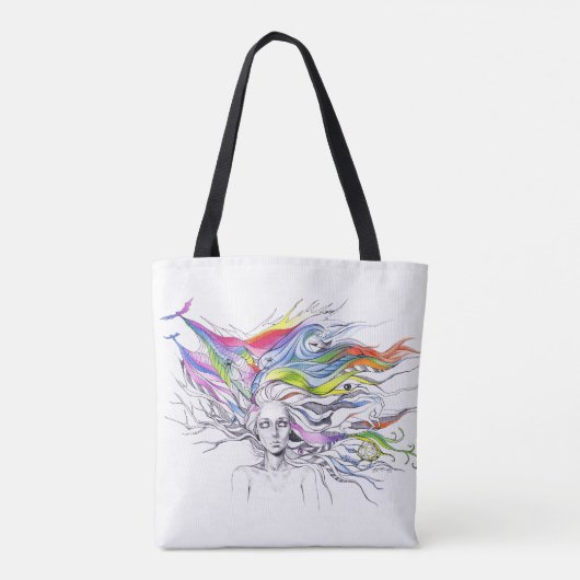 彼女の髪に夢を持つ女の子超現実的なファンタジーアート トートバッグ (裏面)