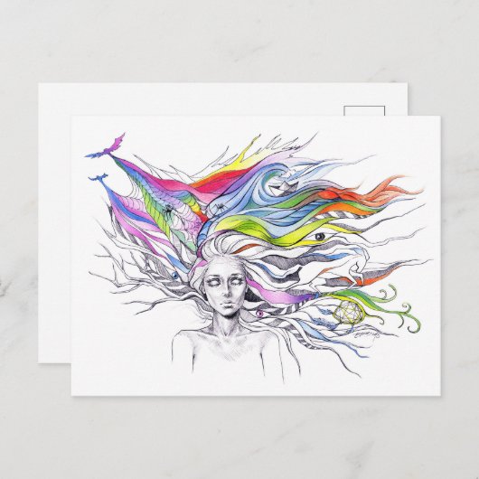 彼女の髪に夢を持つ女の子超現実的なファンタジーアート ポストカード (正面/裏面)