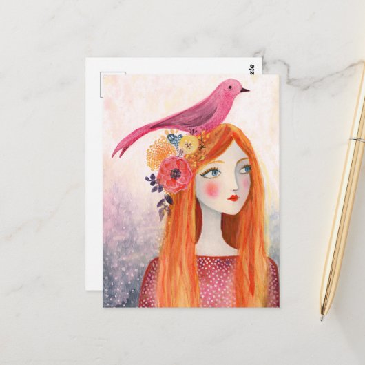 彼女の髪のピンクの鳥 ポストカード (正面/裏面インサイチュ)