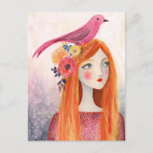 彼女の髪のピンクの鳥 ポストカード (正面)