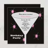 彼女の黒とピンクのための大人の誕生日パーティートースト 招待状 (正面/裏面)